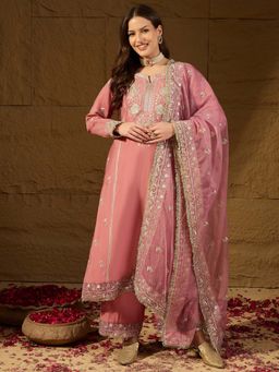 Vaamsi - Pink Embroidered Straight Kurta with Pant and Dupatta