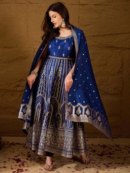 Vaamsi - Blue Woven Anarkali Kurta with Churidar and Dupatta