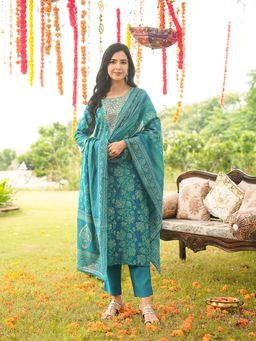 Vaamsi - Blue Embroidered Straight Kurta with Pant and Dupatta
