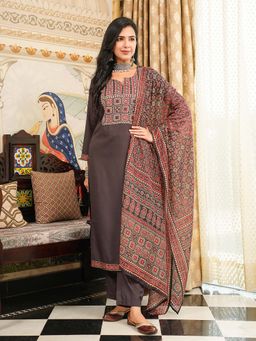 Vaamsi - Brown Ajrakh Printed Straight Kurta with Pant and Dupatta