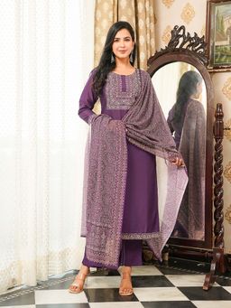 Vaamsi - Purple Ajrakh Printed Straight Kurta with Pant and Dupatta