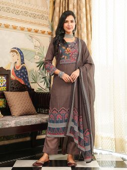 Vaamsi - Brown Printed Straight Kurta with Pant and Dupatta