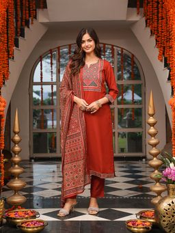 Vaamsi - Brown Ajrakh Printed Straight Kurta with Pant and Dupatta