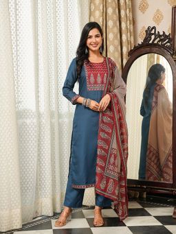 Vaamsi - Blue Ajrakh Printed Straight Kurta with Pant and Dupatta