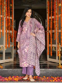 Vaamsi - Lavender Floral Embroidered Straight Kurta with Pant and Dupatta