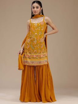 Koskii - Mustard Thread Work Georgette Kurta with Sharara and Dupatta