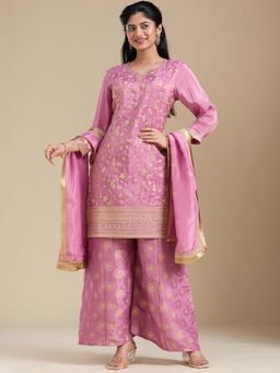 Koskii - Pink Embroidered Kurta with Palazzo and Dupatta