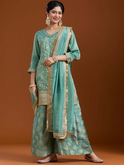 Koskii - Sea Green Pita Work Kurta with Palazzo and Dupatta