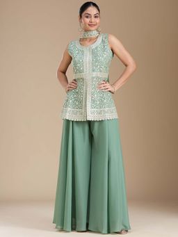 Koskii - Green Sequins Kurti with Palazzo and Dupatta