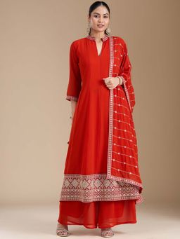 Koskii - Red Embroidered Kurta with Palazzo and Dupatta