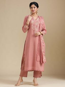 Koskii - Pink Thread Work Kurta with Pant and Dupatta