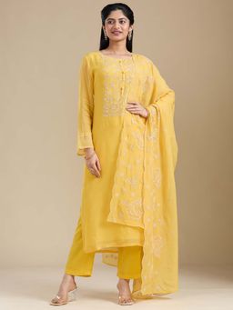 Koskii - Yellow Zardozi Kurta with Pant and Dupatta