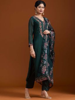 Koskii - Bottle Green Thread Work Kurta with Pant and Dupatta