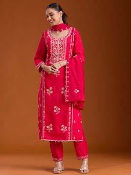 Koskii - Pink Thread Work Kurta with Pant and Dupatta