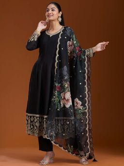 Koskii - Black Printed Anarkali Kurta with Pant and Dupatta