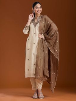 Koskii - Beige Thread Work Kurta with Pant and Dupatta