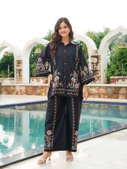 Vaamsi - Black Pure Cotton Solid Embroidered Co-Ord Set