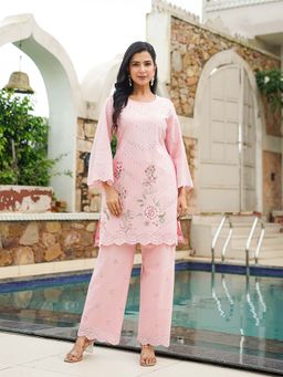 Vaamsi - Pink Pure Cotton Solid Embroidered Co-Ord Set
