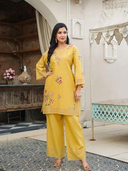 Vaamsi - Yellow Pure Cotton Solid Embroidered Co-Ord Set