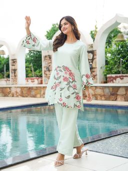 Vaamsi - Green Solid Embroidered Co-Ord Set