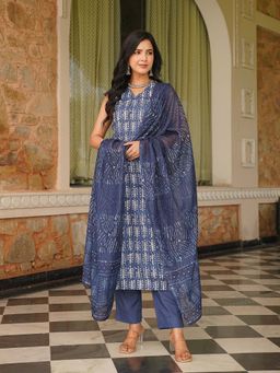 Vaamsi - Blue Printed Straight Kurta with Pant and Dupatta
