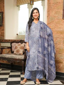 Vaamsi - Blue Batik Printed Straight Kurta with Pant and Dupatta