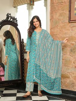 Vaamsi - Turquoise Floral Printed Straight Kurta with Pant and Dupatta