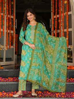 Vaamsi - Green Printed Straight Kurta with Pant and Dupatta