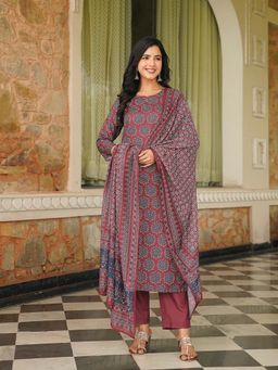 Vaamsi - Maroon Ajrakh Printed Straight Kurta with Pant and Dupatta