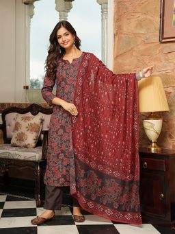 Vaamsi - Brown Floral Printed Straight Kurta with Pant and Dupatta
