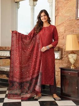Vaamsi - Maroon Printed Straight Kurta with Pant and Dupatta