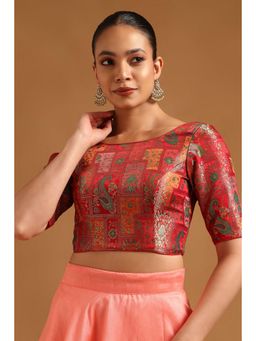 Soch - Women's Red Silk Blend Ethnic Motifs Zari Woven Stitched Blouse