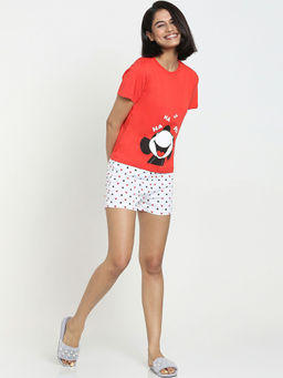 Bewakoof - Women's Red & White Printed Plus Size T-shirt & Shorts Set