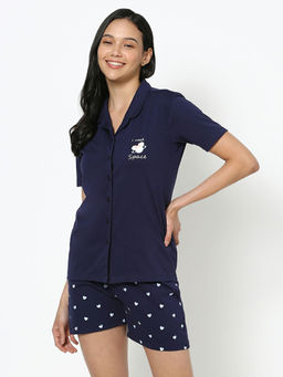 Bewakoof - Women's Blue Printed Plus Size Shirt & Shorts Set