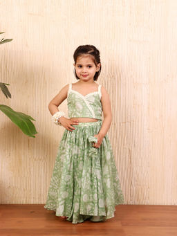 Evaraah - Sage petal Printed Lace Work Top and Skirt