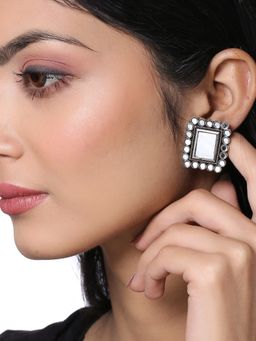 VIRAASI - Antique Oxidised Silver Square Mirror Stud Earrings for Women and Girls