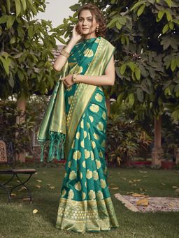 Akhilam - Womens Silk Blend Teal Woven Design Designer Saree with Unstitched Blouse