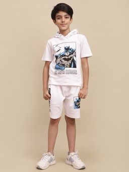 Kidsville - Official Batman White Printed Regular Fit Hood T-shirt & Shorts (Set of 2)
