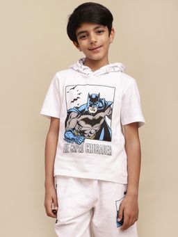 Kidsville - Official Batman White Printed Hood Neck Regular Fit T-Shirt