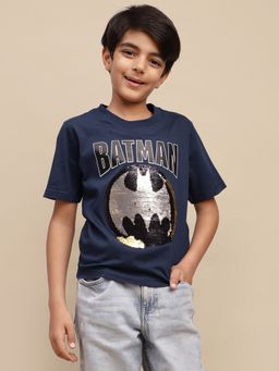 Kidsville - Official Batman Blue Sequins Printed Regular Fit T-Shirt