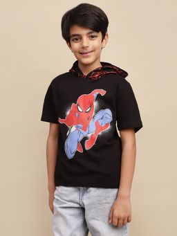 Kidsville - Official Spiderman Black Printed Hood Neck Regular Fit T-shirt