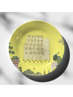 ARTCREST - Pichwai Cow 10-Inch Ceramic Wall Plate with Stand & Hook Yellow