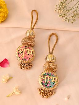 AAPNO RAJASTHAN - Colorful Floral Shubh Labh Toran with Golden Beads Wall Decor (Pack of 2)