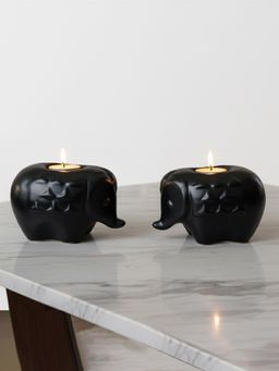 BODHI HOUSE - Handcrafted Elephant Diya Tealight Candle Holder Black (Pack of 2)