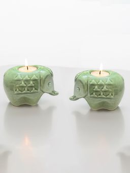 BODHI HOUSE - Handcrafted Elephant Diya Tealight Candle Holder Green (Pack of 2)