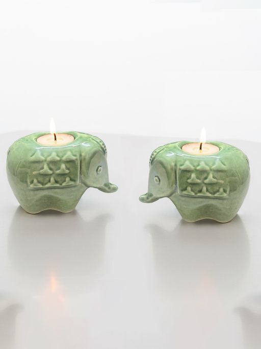 BODHI HOUSE Handcrafted Elephant Diya Tealight Candle Holder Green (Pack of 2)