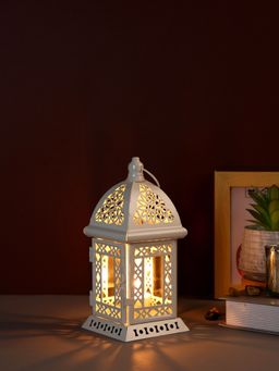 Tayhaa - White Metal Lantern with Floral Cutouts
