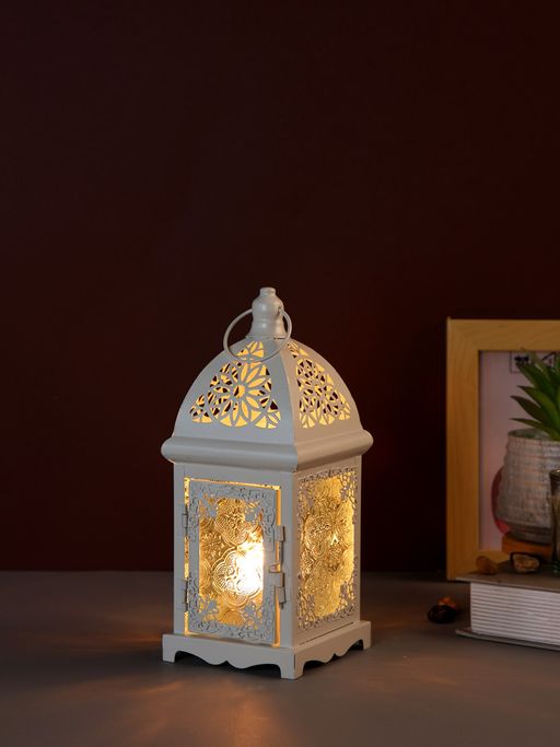 Tayhaa Off-White Metal Lantern with Glass Panels