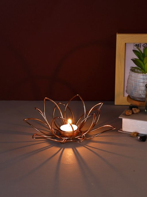 Tayhaa Gold Floral Metal Tea Light Holder