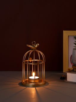 Tayhaa - Gold Birdcage Tea Light Holder with Bird Accent